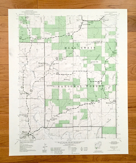 Antique Manes NE, Missouri 1941 US Geological Survey Topographic Map – Laclede, Texas, Wright County, Lynchburg, Mingsville, Embree, MO