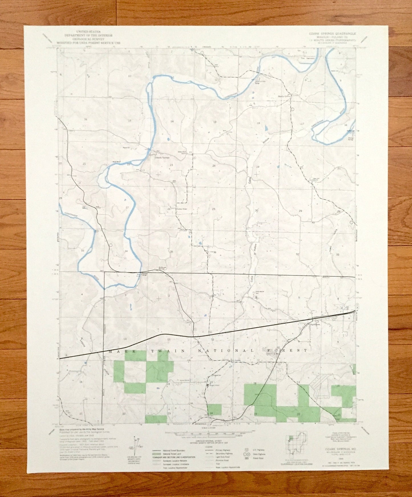 Antique Ozark Springs, Missouri 1954 US Geological Survey Topographic Map – Pulaski County, Turkey Ridge, Mark Twain National Forest MO