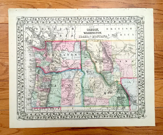 Antique 1871 Oregon, Washington, Idaho, Montana State Map by S. Augustus Mitchell – Northwest, Seattle, Portland, Coast, Olympia, WA OR MT