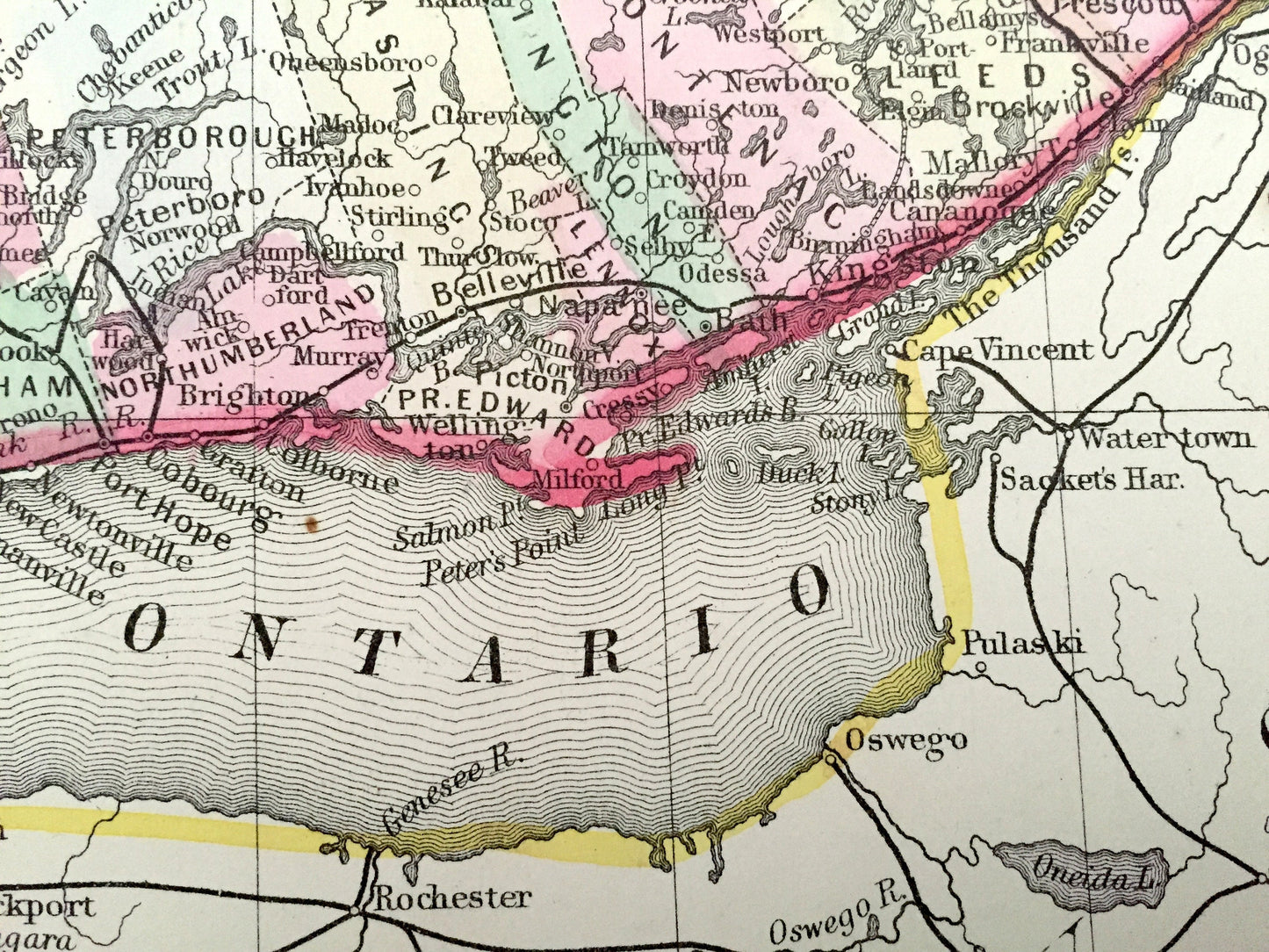 Antique 1871 Ontario, Canada Map by S.A. Mitchell – Toronto, Ottawa, Windsor, London, Niagara Falls, Michigan, New York, Thousand Islands