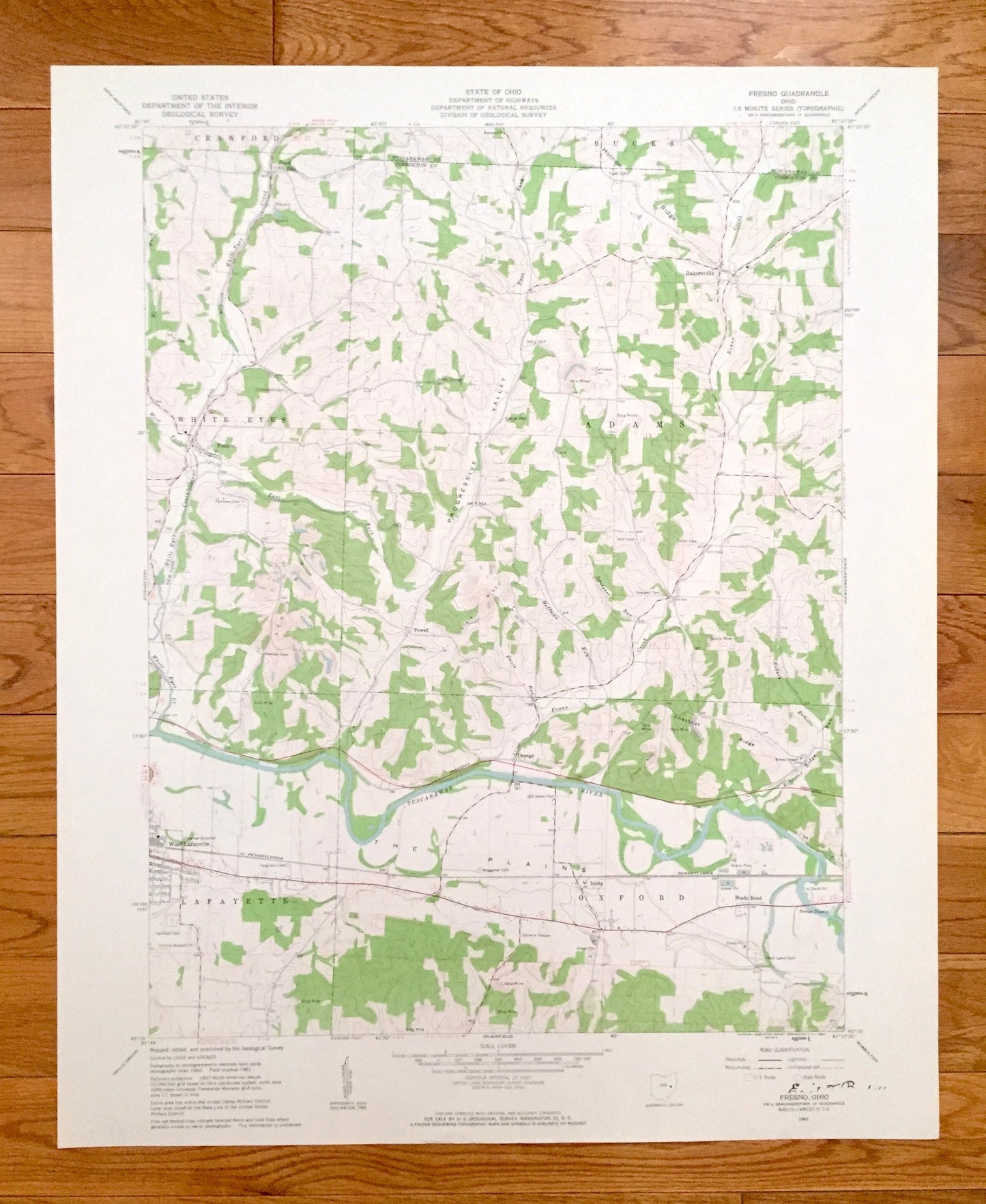 Antique Fresno, Ohio 1961 US Geological Survey Topographic Map – Coshocton, Tuscarawas County, Crawford, Bucks, White Eyes, Adams, Oxford OH