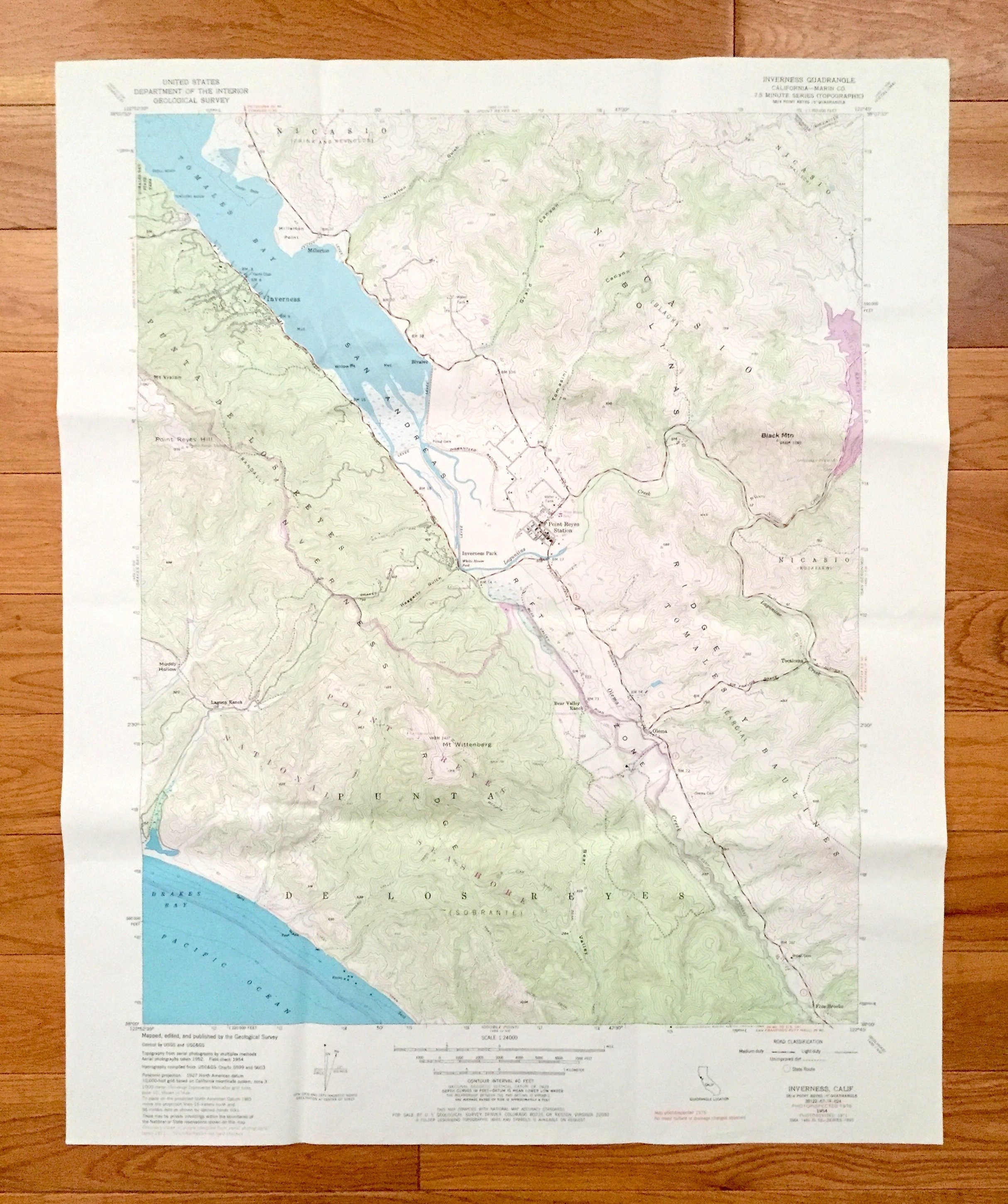 Antique Point Reyes, California 2024 1954 US Geological Survey Topographic Map – Marin County, Tomales Bay, Inverness, Coast Guard, State Park CA