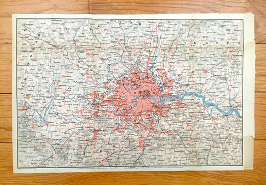 Antique 1902 London Map from Baedekers Atlas – Middlesex, Essex, Surrey, Kent County, Buckingham, Westminster, England, Great Britain, UK