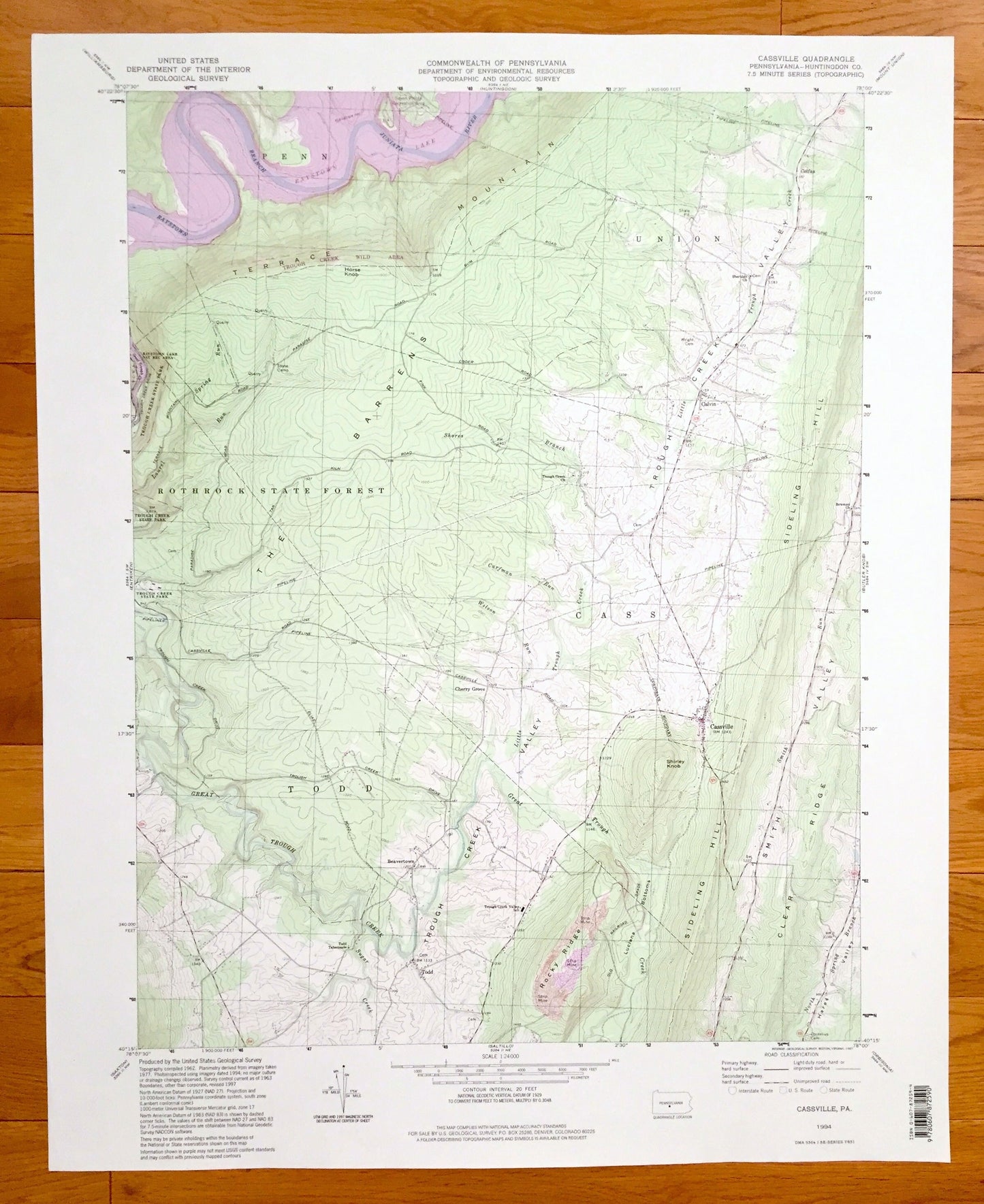 Antique Cassville, Pennsylvania 1994 US Geological Survey Topographic Map – Huntingdon County, Todd, Cass, Penn, Union, Beavertown Calvin PA