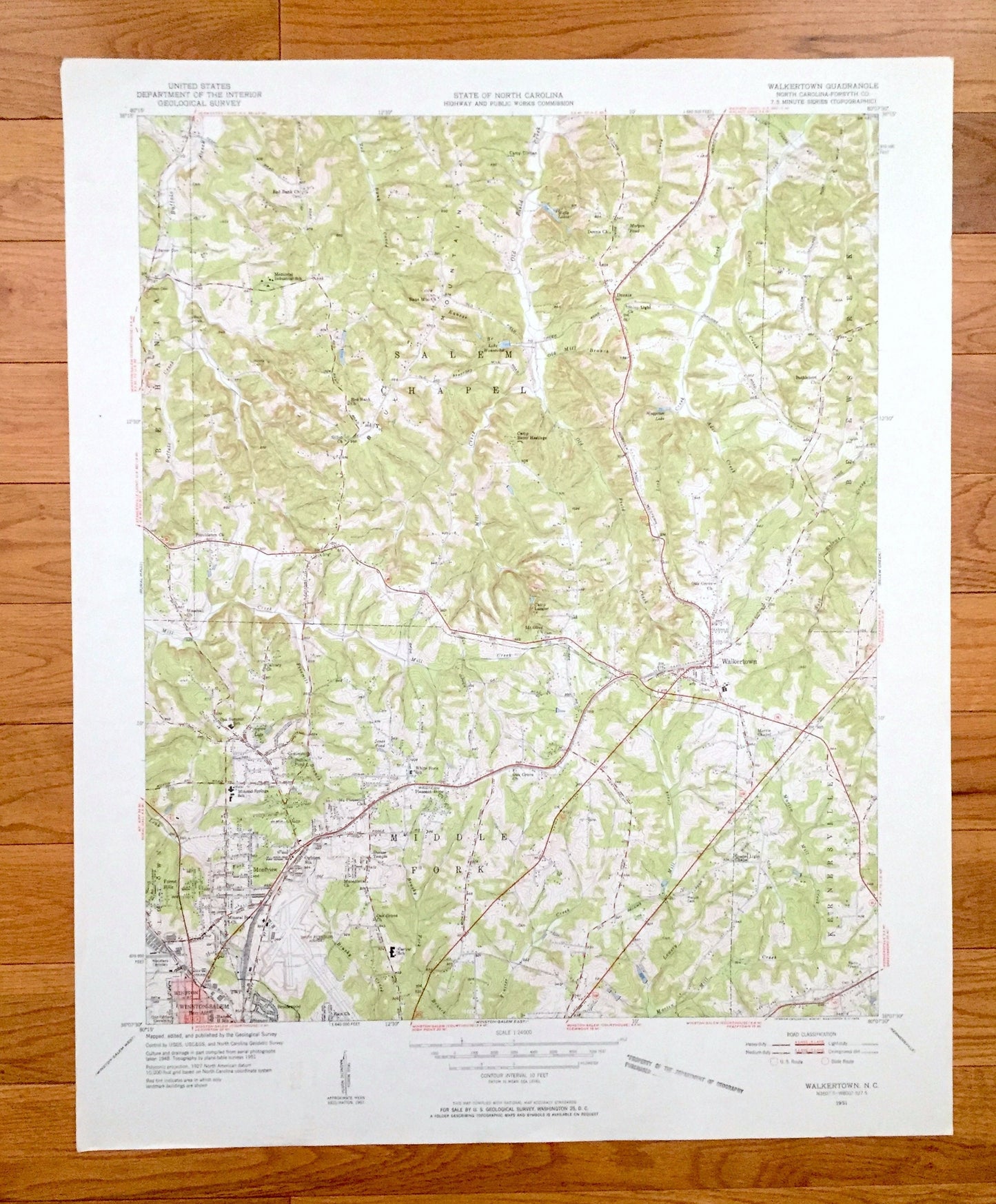 Antique Walkertown, North Carolina 1951 US Geological Survey Topographic Map – Forsyth County, Bethania Winston-Salem Chapel Belews Creek NC
