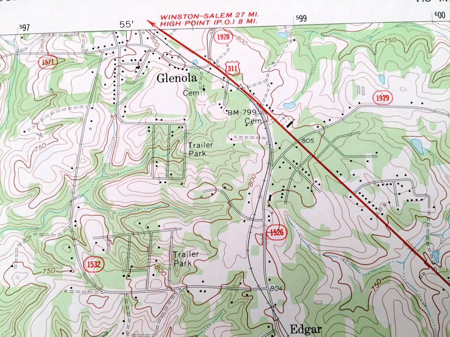 Antique Glenola, North Carolina 1970 US Geological Survey Topographic Map – Randolph County, Hillsville, Edgar, New Market, Flint Hill, NC
