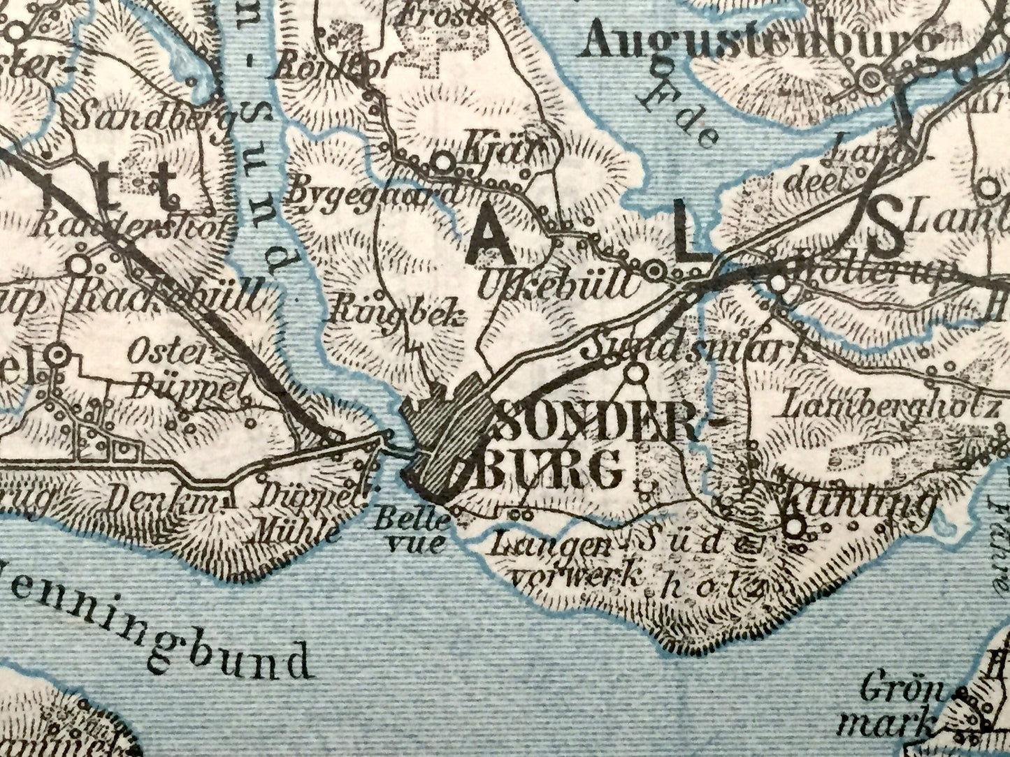 Antique 1925 Flensburg & Sonderburg, Germany and Denmark Map from Baedekers Guide Atlas – Sundewitt, Alsen, Glucksburg, Gravenstein, Fohrde