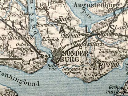 Antique 1925 Flensburg & Sonderburg, Germany and Denmark Map from Baedekers Guide Atlas – Sundewitt, Alsen, Glucksburg, Gravenstein, Fohrde