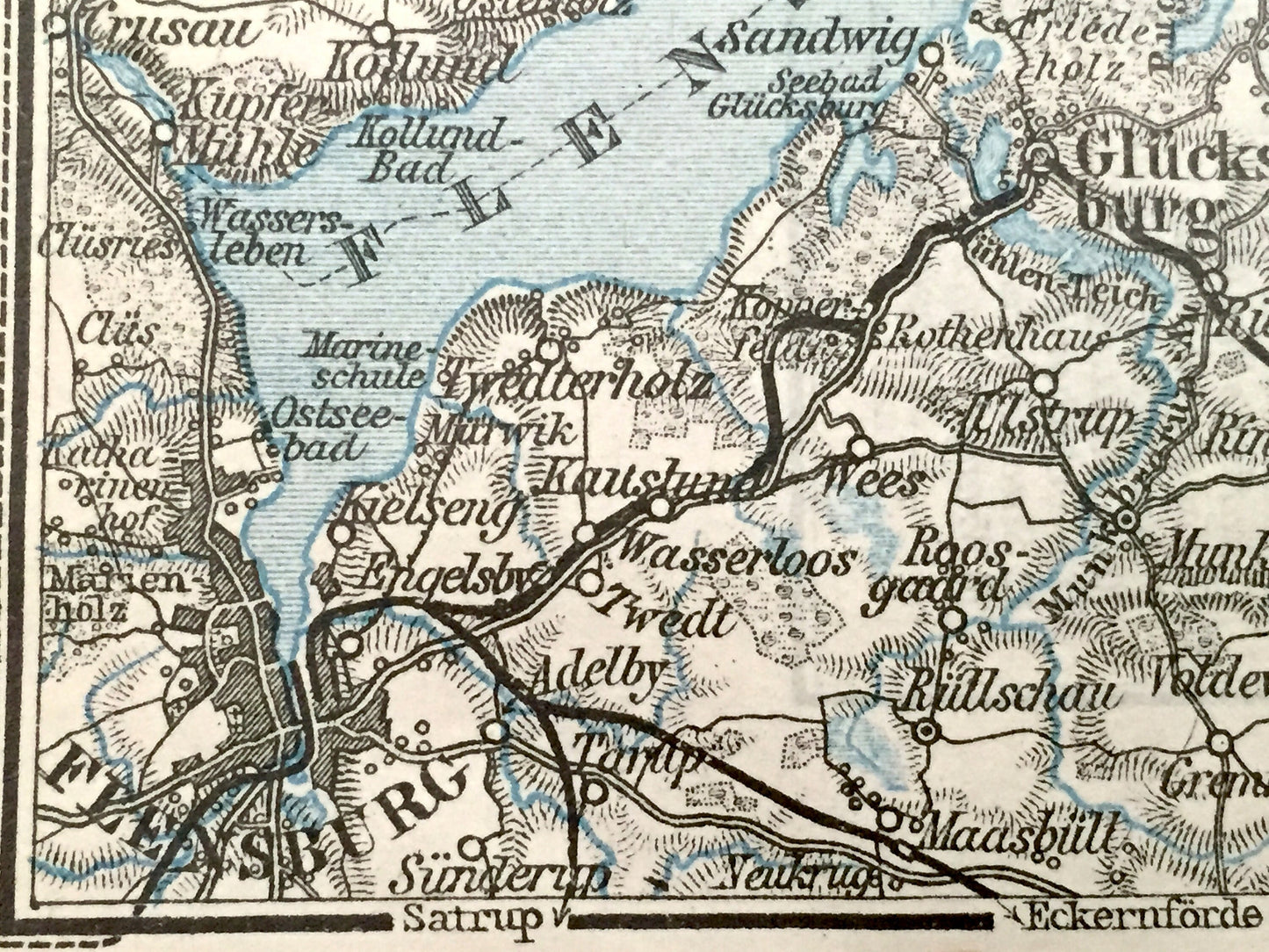 Antique 1925 Flensburg & Sonderburg, Germany and Denmark Map from Baedekers Guide Atlas – Sundewitt, Alsen, Glucksburg, Gravenstein, Fohrde