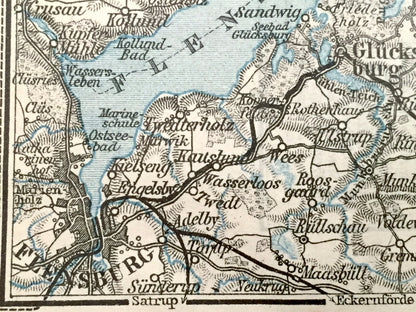 Antique 1925 Flensburg & Sonderburg, Germany and Denmark Map from Baedekers Guide Atlas – Sundewitt, Alsen, Glucksburg, Gravenstein, Fohrde