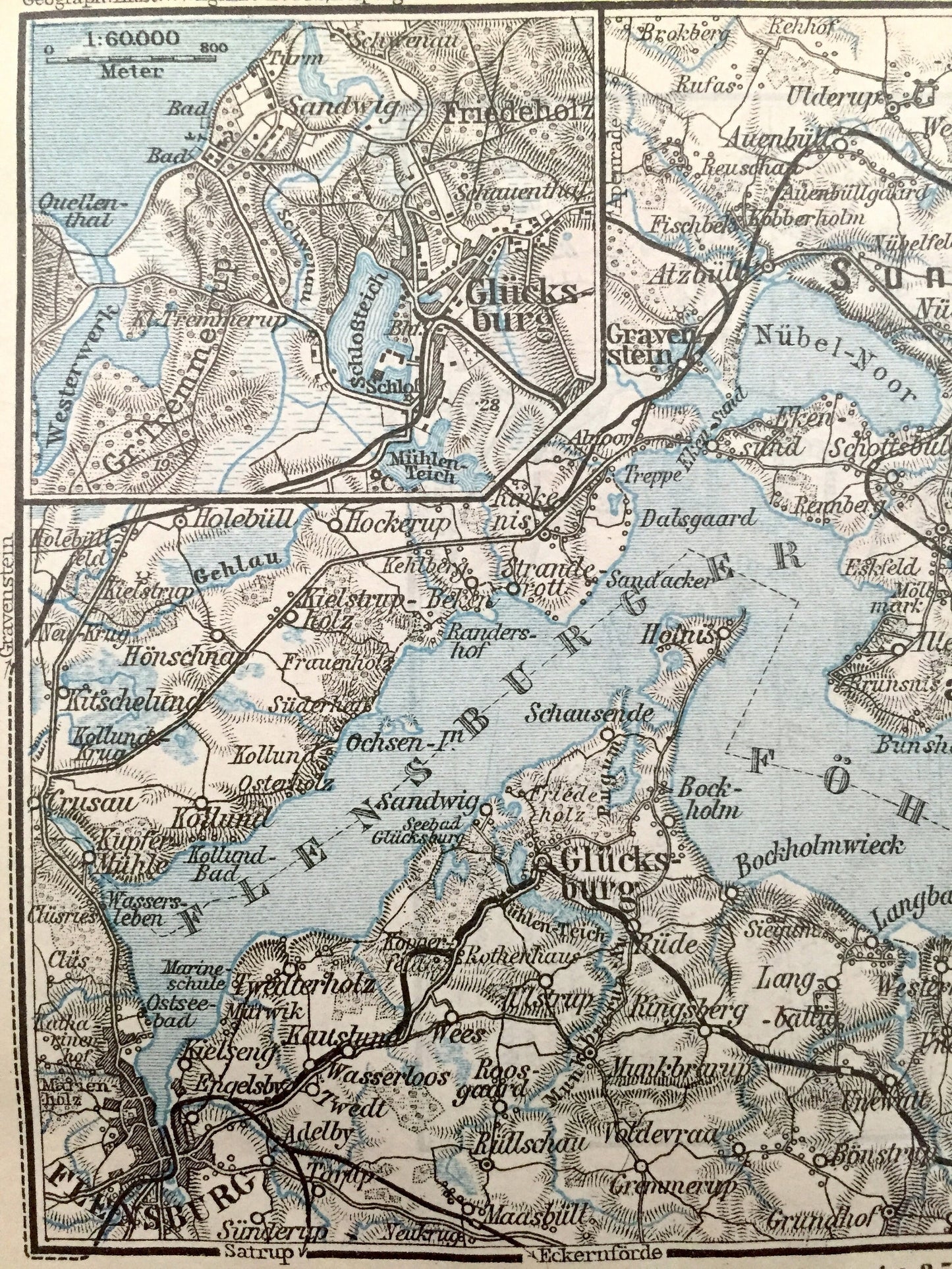 Antique 1925 Flensburg & Sonderburg, Germany and Denmark Map from Baedekers Guide Atlas – Sundewitt, Alsen, Glucksburg, Gravenstein, Fohrde