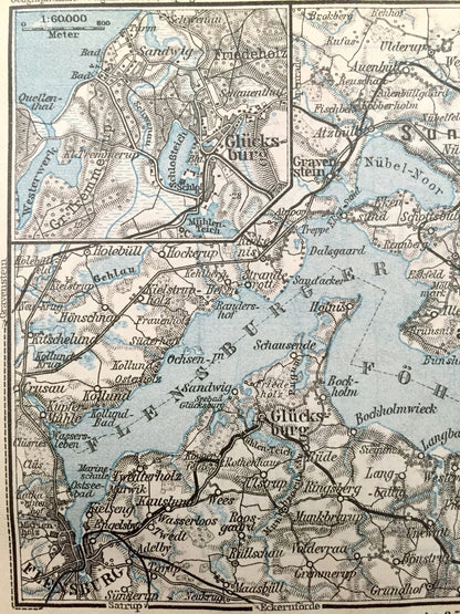 Antique 1925 Flensburg & Sonderburg, Germany and Denmark Map from Baedekers Guide Atlas – Sundewitt, Alsen, Glucksburg, Gravenstein, Fohrde