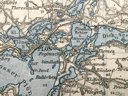 Antique 1925 Eutin Malente and Plon Germany Map from Baedekers Guide Atlas – Susel, Bosau, Preetz, Malente, Neukirchen, Dick-See, Keller-See