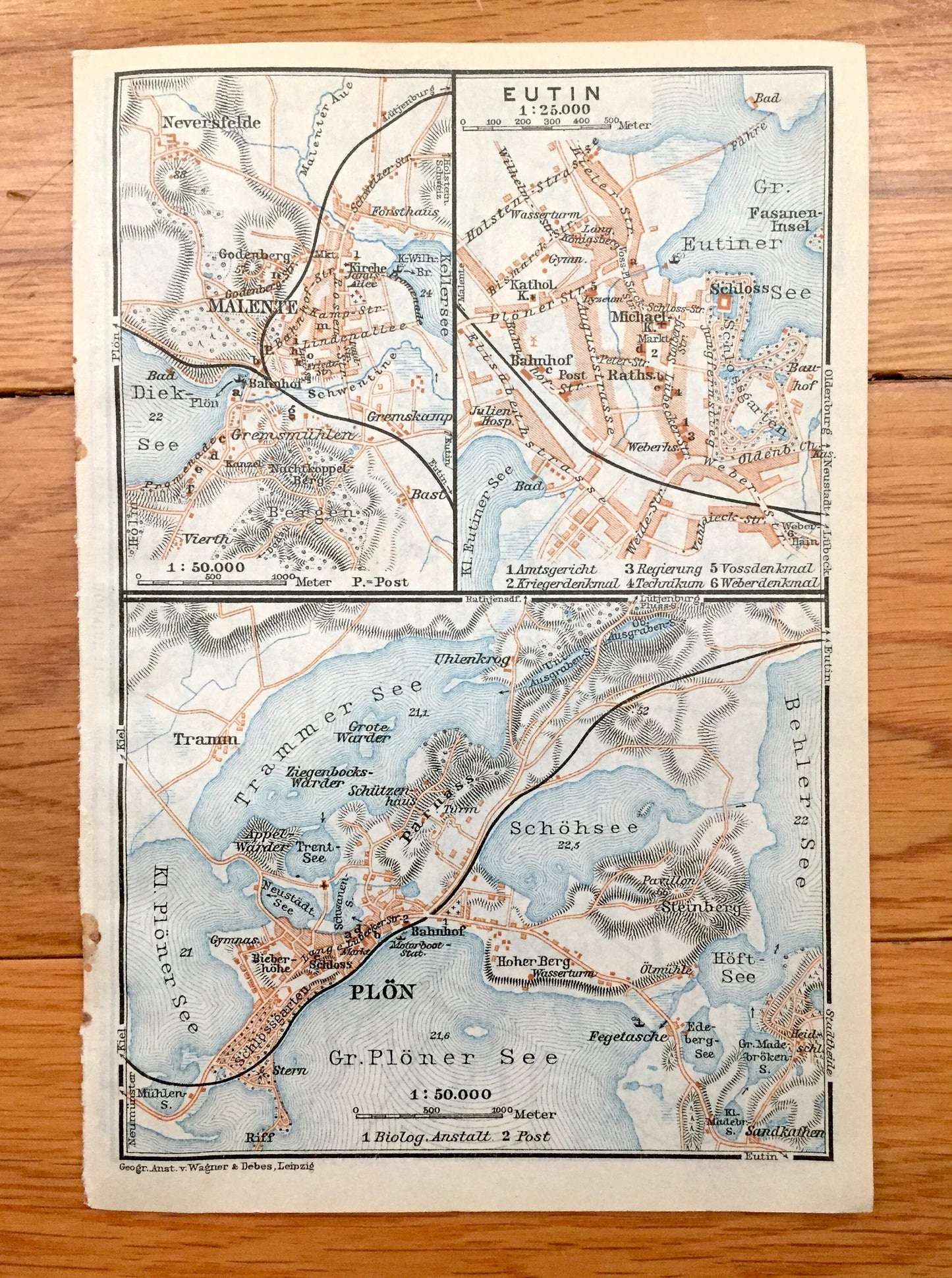 Antique 1925 Eutin Malente and Plon Germany Map from Baedekers Guide Atlas – Susel, Bosau, Preetz, Malente, Neukirchen, Dick-See, Keller-See