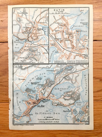 Antique 1925 Eutin Malente and Plon Germany Map from Baedekers Guide Atlas – Susel, Bosau, Preetz, Malente, Neukirchen, Dick-See, Keller-See