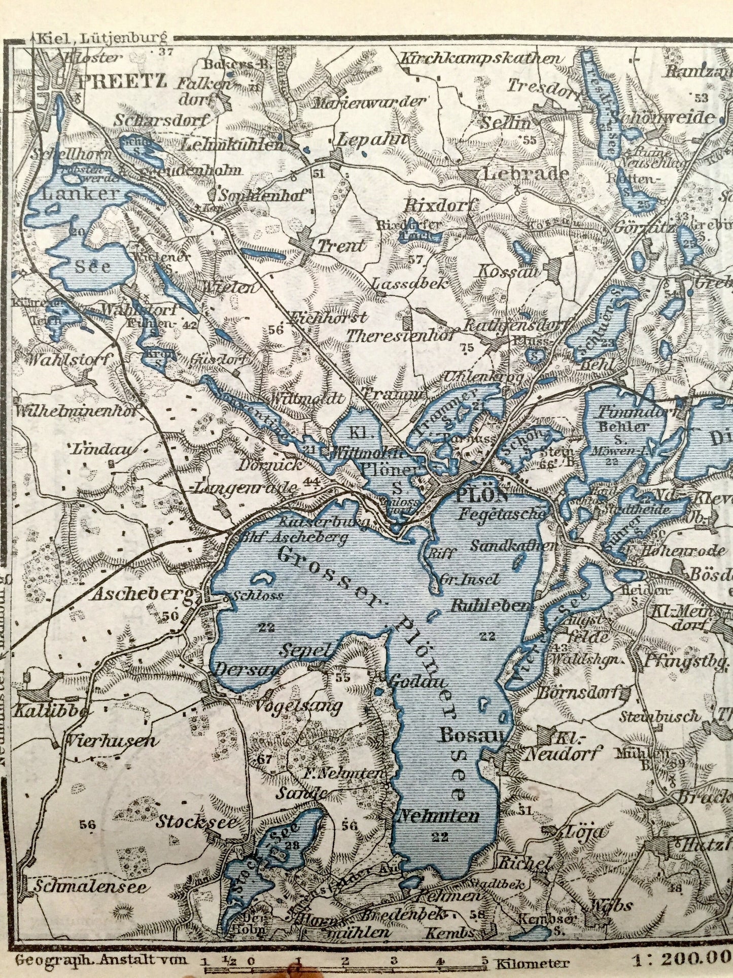 Antique 1925 Eutin Malente and Plon Germany Map from Baedekers Guide Atlas – Susel, Bosau, Preetz, Malente, Neukirchen, Dick-See, Keller-See