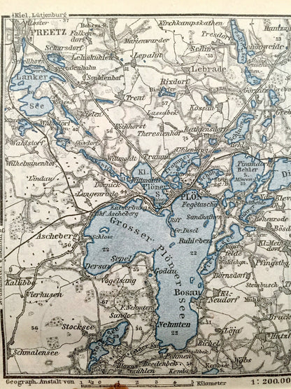Antique 1925 Eutin Malente and Plon Germany Map from Baedekers Guide Atlas – Susel, Bosau, Preetz, Malente, Neukirchen, Dick-See, Keller-See