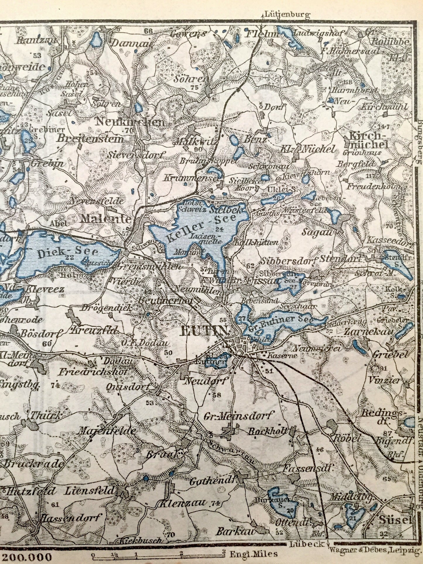 Antique 1925 Eutin Malente and Plon Germany Map from Baedekers Guide Atlas – Susel, Bosau, Preetz, Malente, Neukirchen, Dick-See, Keller-See