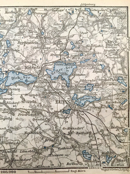 Antique 1925 Eutin Malente and Plon Germany Map from Baedekers Guide Atlas – Susel, Bosau, Preetz, Malente, Neukirchen, Dick-See, Keller-See