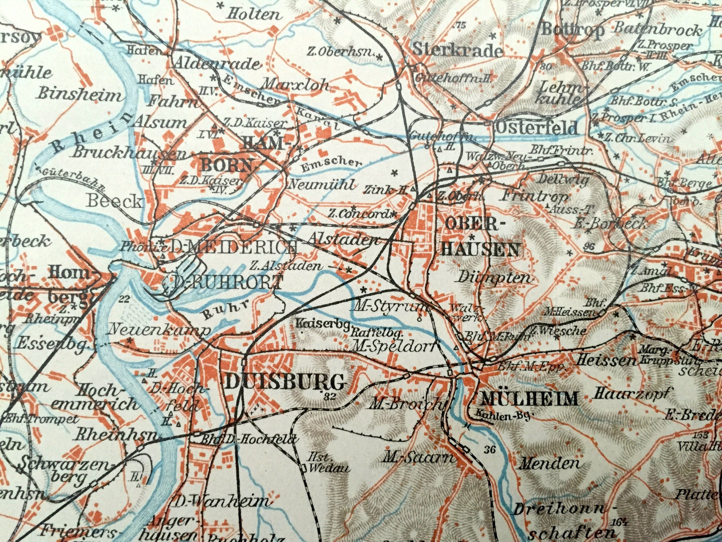 Antique 1925 Northern Germany Map from Baedekers Guide Atlas – Duisburg, Homberg, Gelsen, Kirchen, Wanne, Witten, Bochum, Hagen, Dortmund