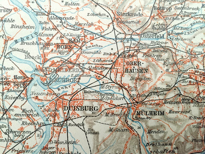 Antique 1925 Northern Germany Map from Baedekers Guide Atlas – Duisburg, Homberg, Gelsen, Kirchen, Wanne, Witten, Bochum, Hagen, Dortmund