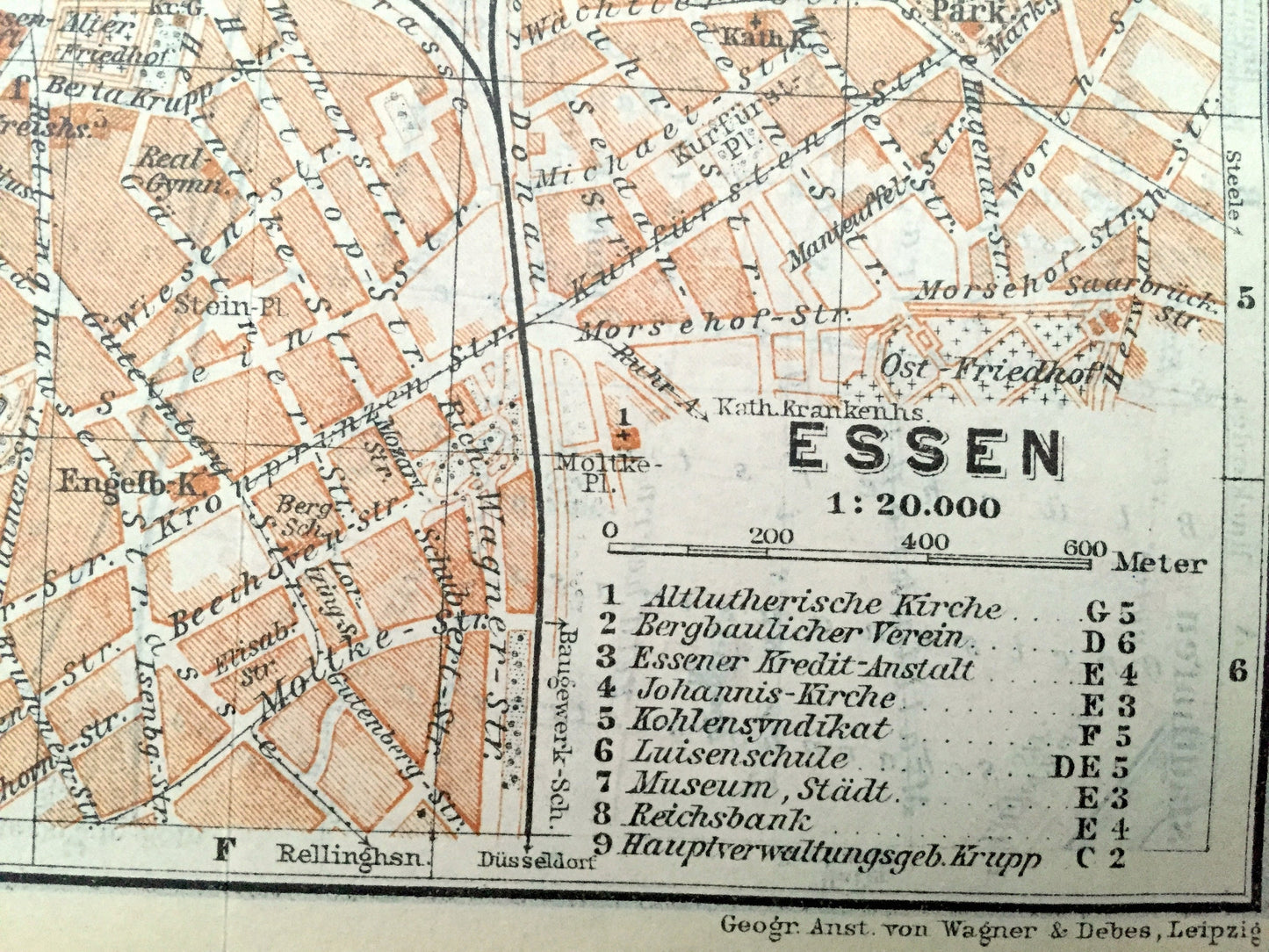 Antique 1925 Essen & Dortmund, Germany Map from Baedekers Guide Atlas – Witten, Annen, Wengren, Hagen, Boele, Kirchende, Herdecke, Syburg