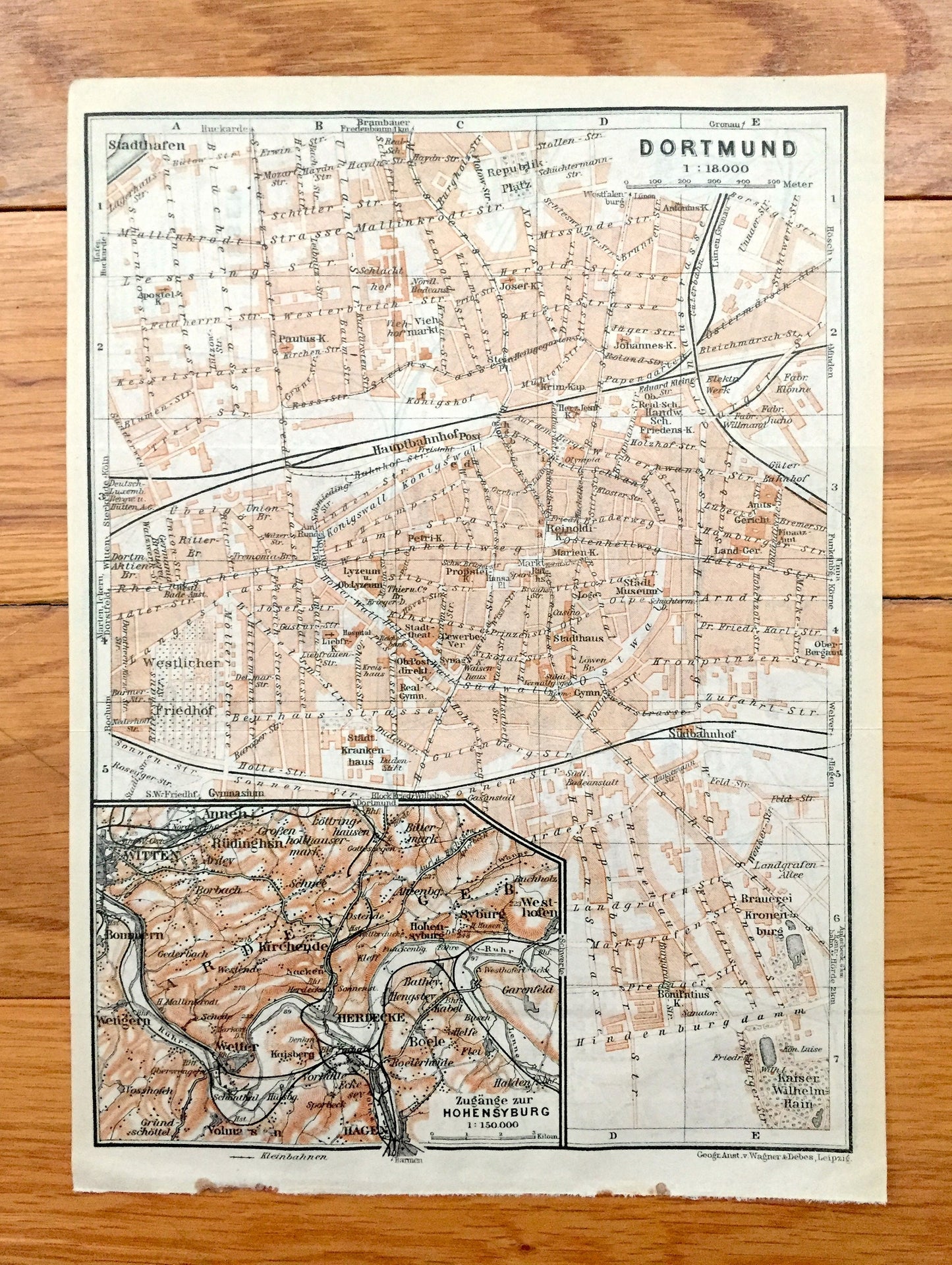 Antique 1925 Essen & Dortmund, Germany Map from Baedekers Guide Atlas – Witten, Annen, Wengren, Hagen, Boele, Kirchende, Herdecke, Syburg