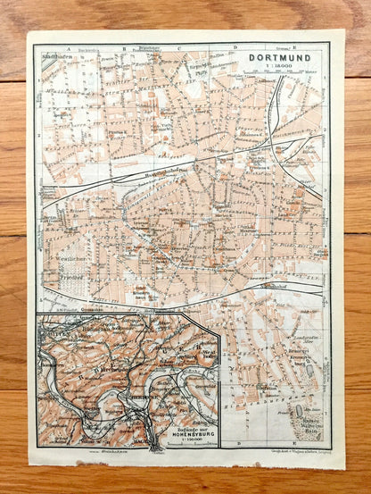 Antique 1925 Essen & Dortmund, Germany Map from Baedekers Guide Atlas – Witten, Annen, Wengren, Hagen, Boele, Kirchende, Herdecke, Syburg