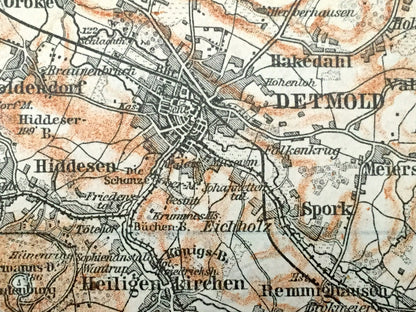 Antique 1925 Detmold, Germany Map from Baedekers Guide Atlas – Schlangen, Kohlstadt, Feldrom, Horn, Berlebeck, Spork, Orbke, Hiddesen