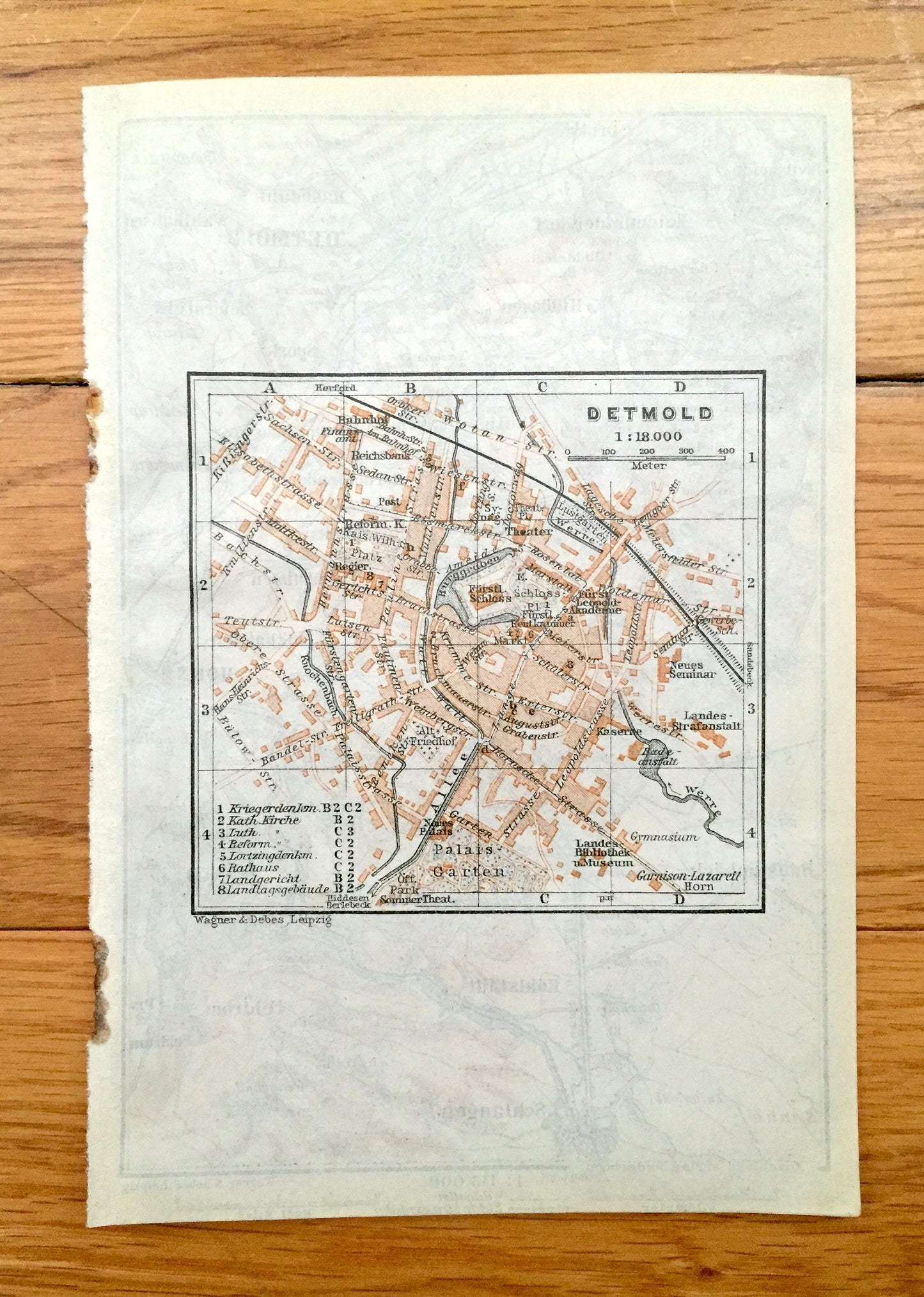 Antique 1925 Detmold, Germany Map from Baedekers Guide Atlas – Schlangen, Kohlstadt, Feldrom, Horn, Berlebeck, Spork, Orbke, Hiddesen