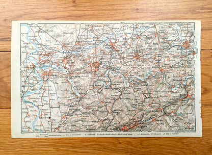 Antique 1925 Northern Germany Map from Baedekers Guide Atlas – Duisburg, Homberg, Gelsen, Kirchen, Wanne, Witten, Bochum, Hagen, Dortmund