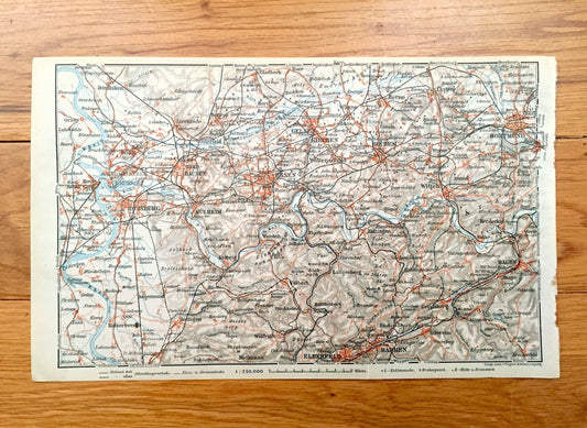 Antique 1925 Northern Germany Map from Baedekers Guide Atlas – Duisburg, Homberg, Gelsen, Kirchen, Wanne, Witten, Bochum, Hagen, Dortmund