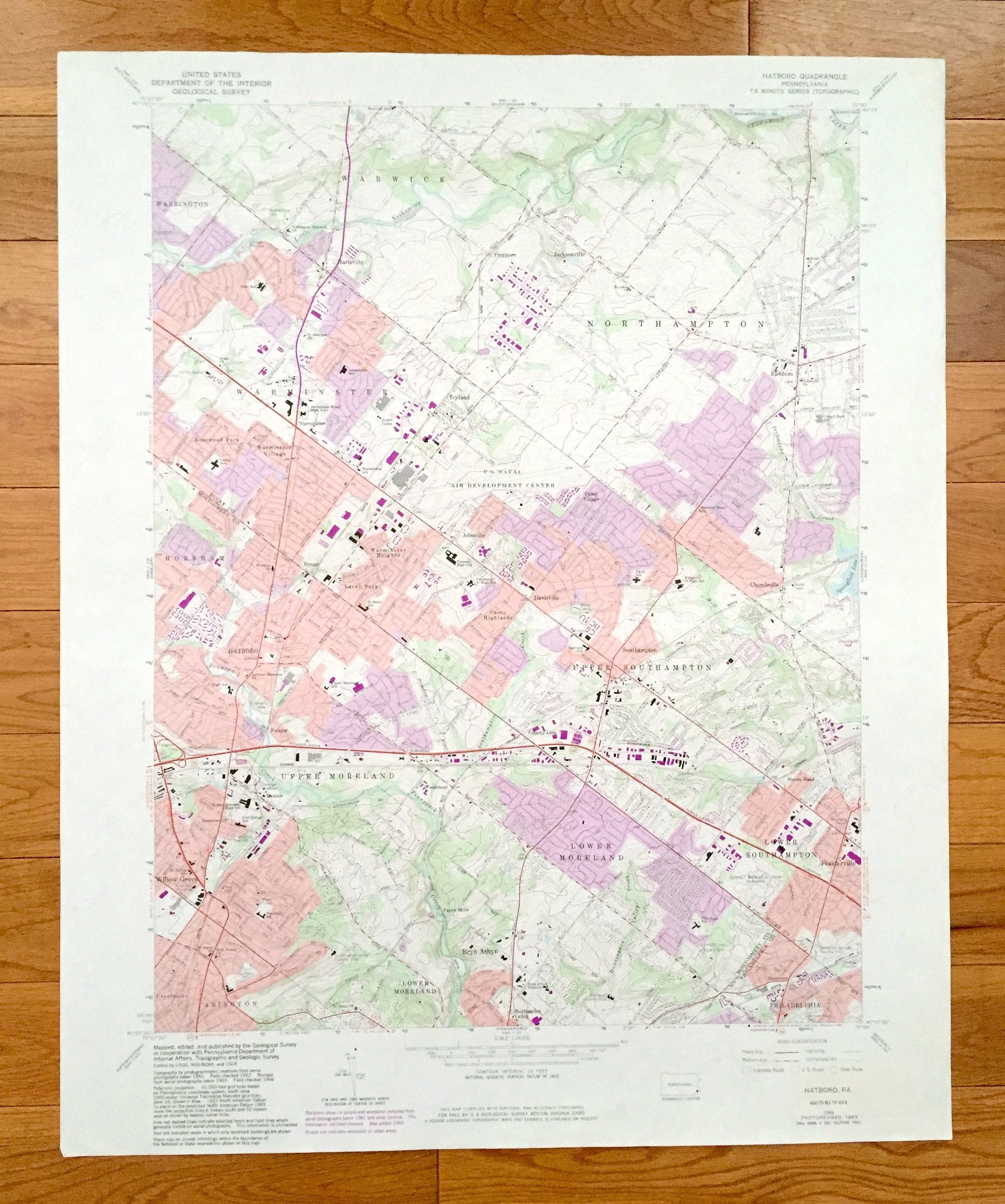 Antique Hatboro, Pennsylvania 1966 US Geological Survey Topographic Ma ...