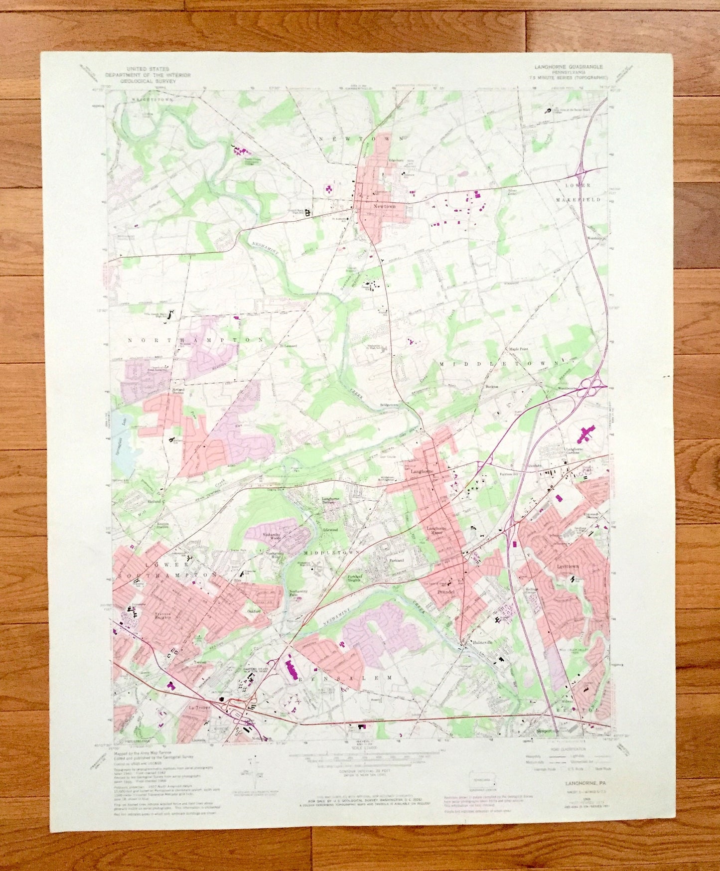 Antique Langhorne, Pennsylvania 1966 US Geological Survey Topographic Map – Bucks County, Northampton, Newtown, Lower Makefield, Bucktoe, PA