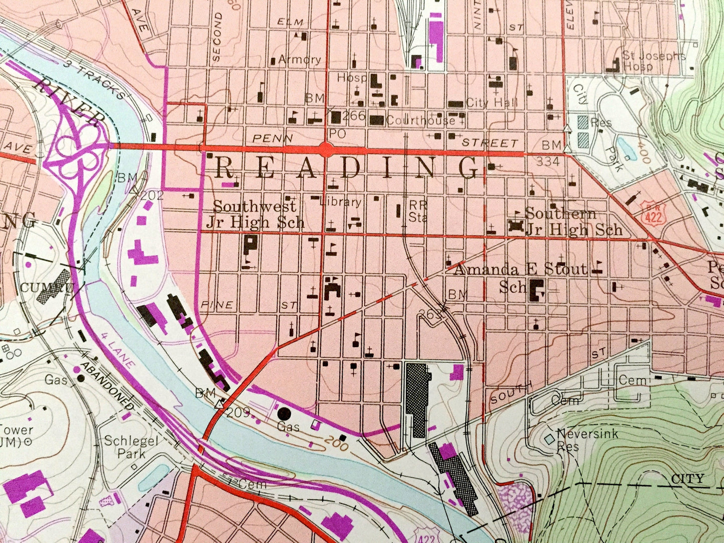 Antique Reading, Pennsylvania 1956 US Geological Survey Topographic Map – Berks County, Muhlenberg, Bern, Alsace, Spring, Cumru, Robeson, PA