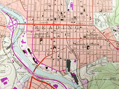 Antique Reading, Pennsylvania 1956 US Geological Survey Topographic Map – Berks County, Muhlenberg, Bern, Alsace, Spring, Cumru, Robeson, PA