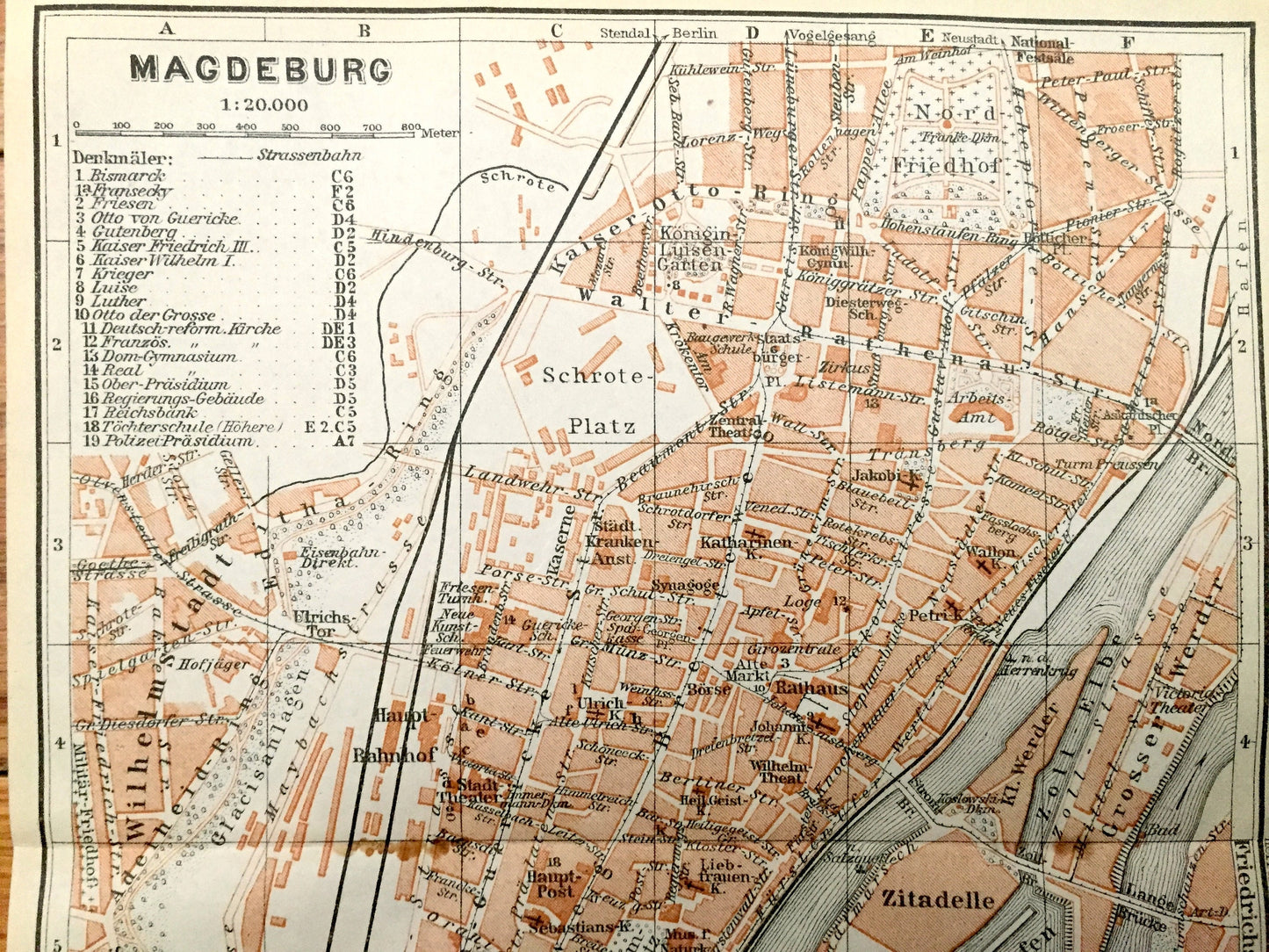 Antique 1925 Magdeburg, Germany Map from Baedekers Guide Atlas – Elbe River, Sudenbur, Horn, Buckau, Zitadelle, Saxony-Anhalt, medieval