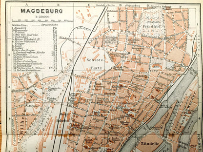 Antique 1925 Magdeburg, Germany Map from Baedekers Guide Atlas – Elbe River, Sudenbur, Horn, Buckau, Zitadelle, Saxony-Anhalt, medieval