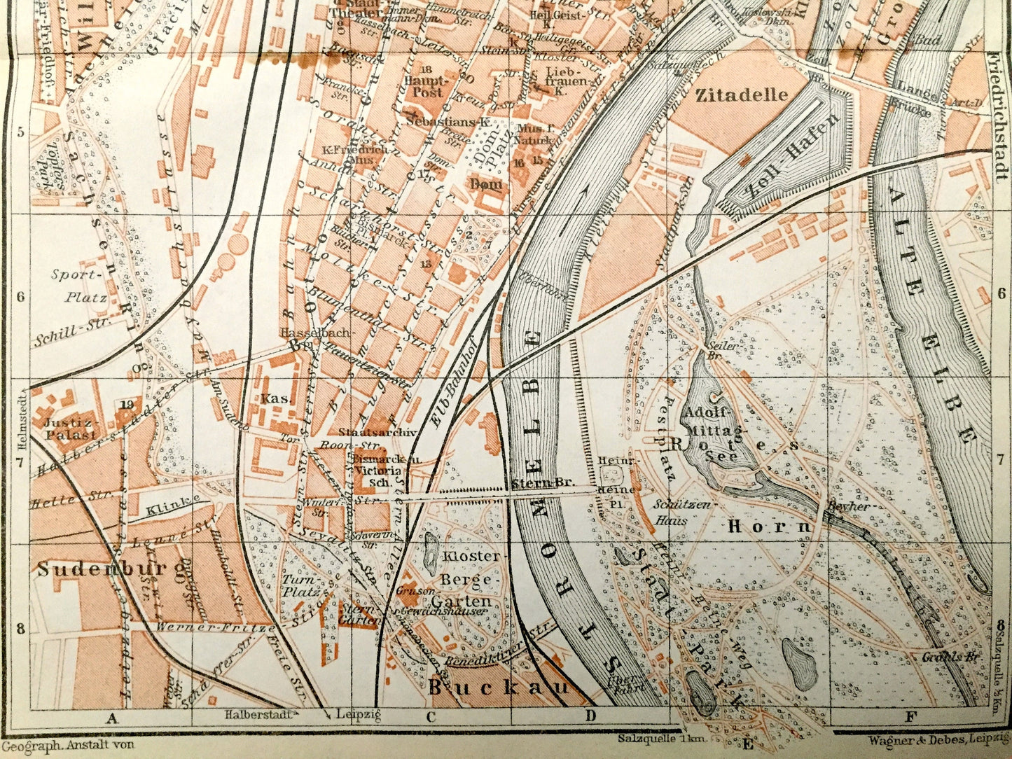 Antique 1925 Magdeburg, Germany Map from Baedekers Guide Atlas – Elbe River, Sudenbur, Horn, Buckau, Zitadelle, Saxony-Anhalt, medieval