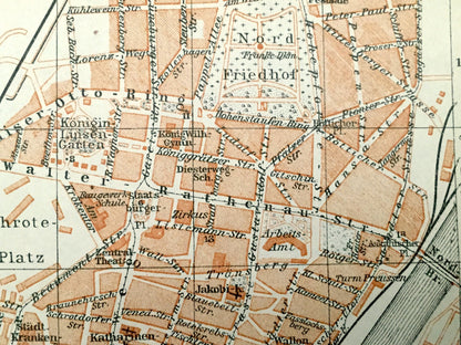 Antique 1925 Magdeburg, Germany Map from Baedekers Guide Atlas – Elbe River, Sudenbur, Horn, Buckau, Zitadelle, Saxony-Anhalt, medieval