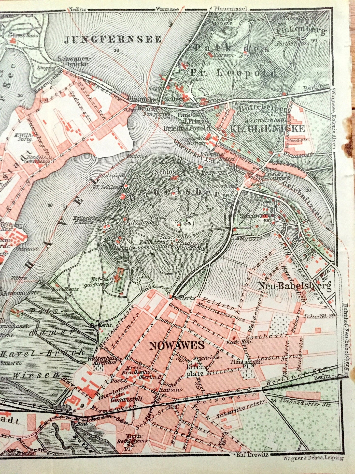 Antique 1925 Umgebung von Potsdam, Germany Map from Baedekers Guide Atlas –Bornstedt, Bornim, Havel, Nowawes, Babelsberg, Jungfernsee