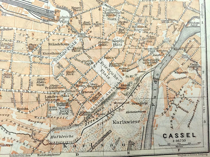 Antique 1925 Cassel, Germany Map from Baedekers Guide Atlas – Waldau, Wolfsanger, Habichts, Wald, Hoof, Weimar, Niederzwehren, Simmerhausen