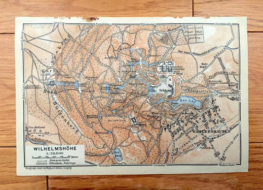 Antique 1925 Wilhelmshohe, Germany Map from Baedekers Guide Atlas – Schloss, Karlsberg, Seeberg, Wahlershausen, Der Lac, Lowenburg, Cassel
