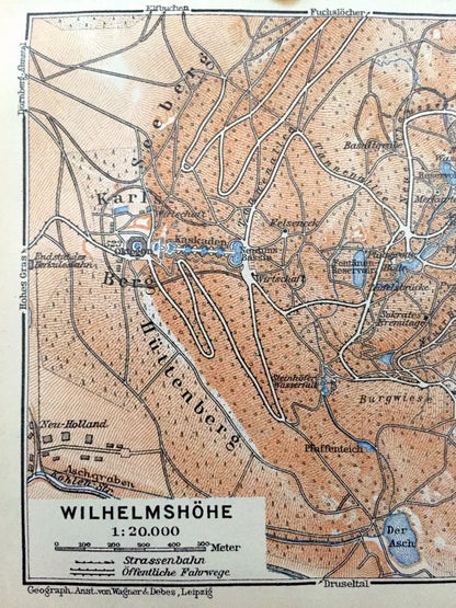 Antique 1925 Wilhelmshohe, Germany Map from Baedekers Guide Atlas – Schloss, Karlsberg, Seeberg, Wahlershausen, Der Lac, Lowenburg, Cassel