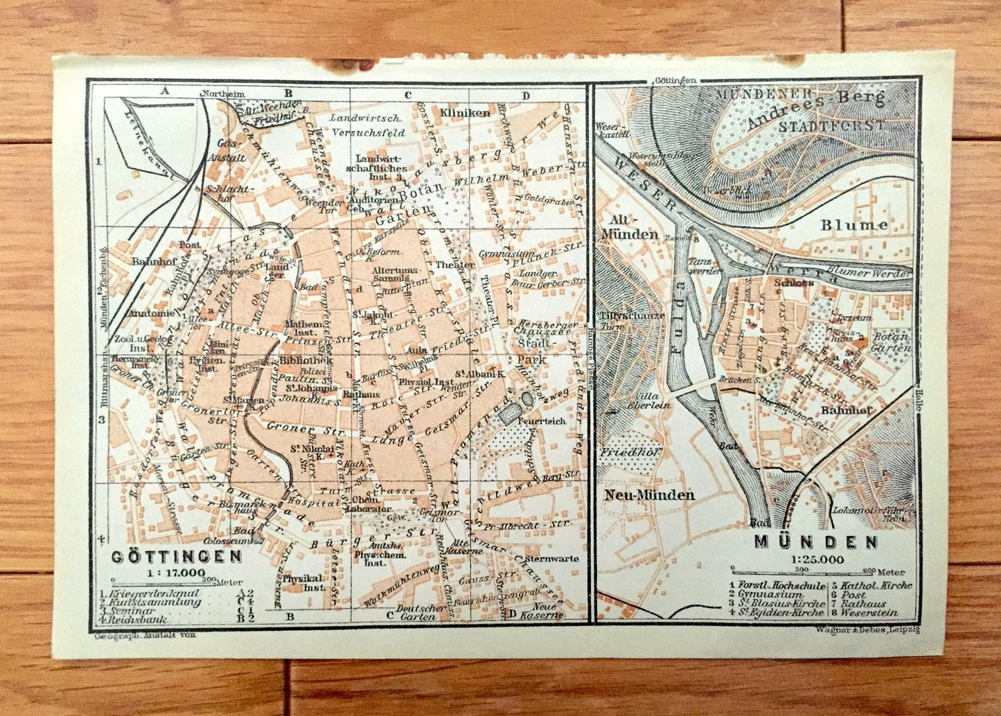 Antique 1925 Gottingen and Munden, Germany Map from Baedekers Guide Atlas – Blume, Andrees Berg, Mundener, Weser River, Fulda River, Park