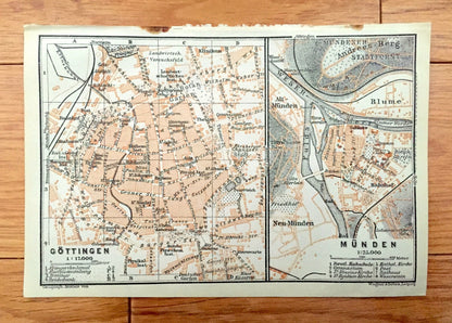Antique 1925 Gottingen and Munden, Germany Map from Baedekers Guide Atlas – Blume, Andrees Berg, Mundener, Weser River, Fulda River, Park