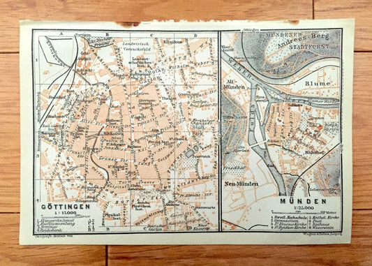 Antique 1925 Gottingen and Munden, Germany Map from Baedekers Guide Atlas – Blume, Andrees Berg, Mundener, Weser River, Fulda River, Park