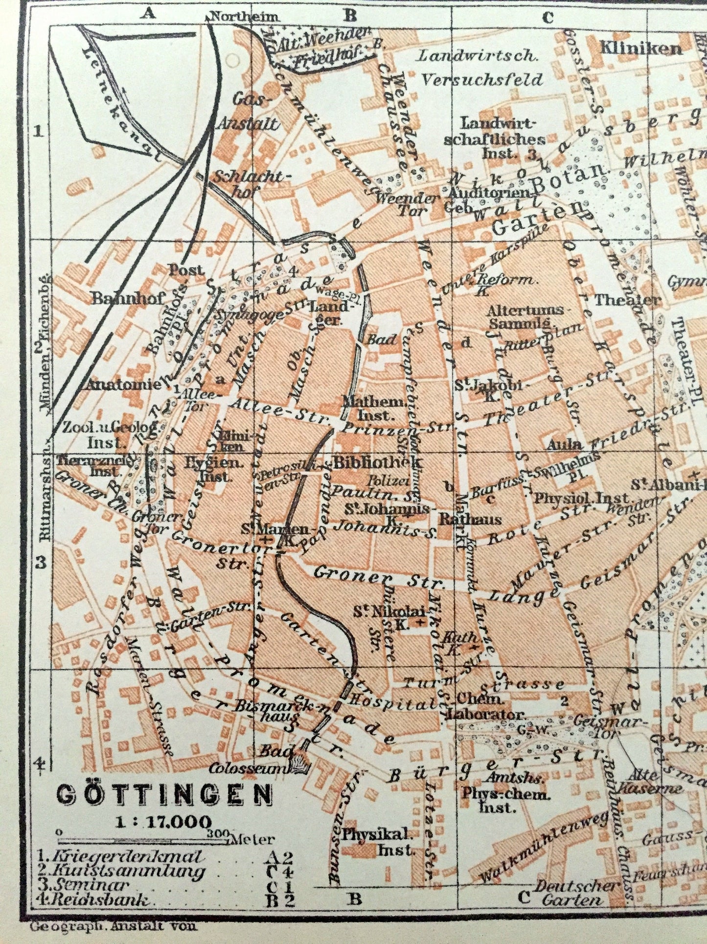 Antique 1925 Gottingen and Munden, Germany Map from Baedekers Guide Atlas – Blume, Andrees Berg, Mundener, Weser River, Fulda River, Park