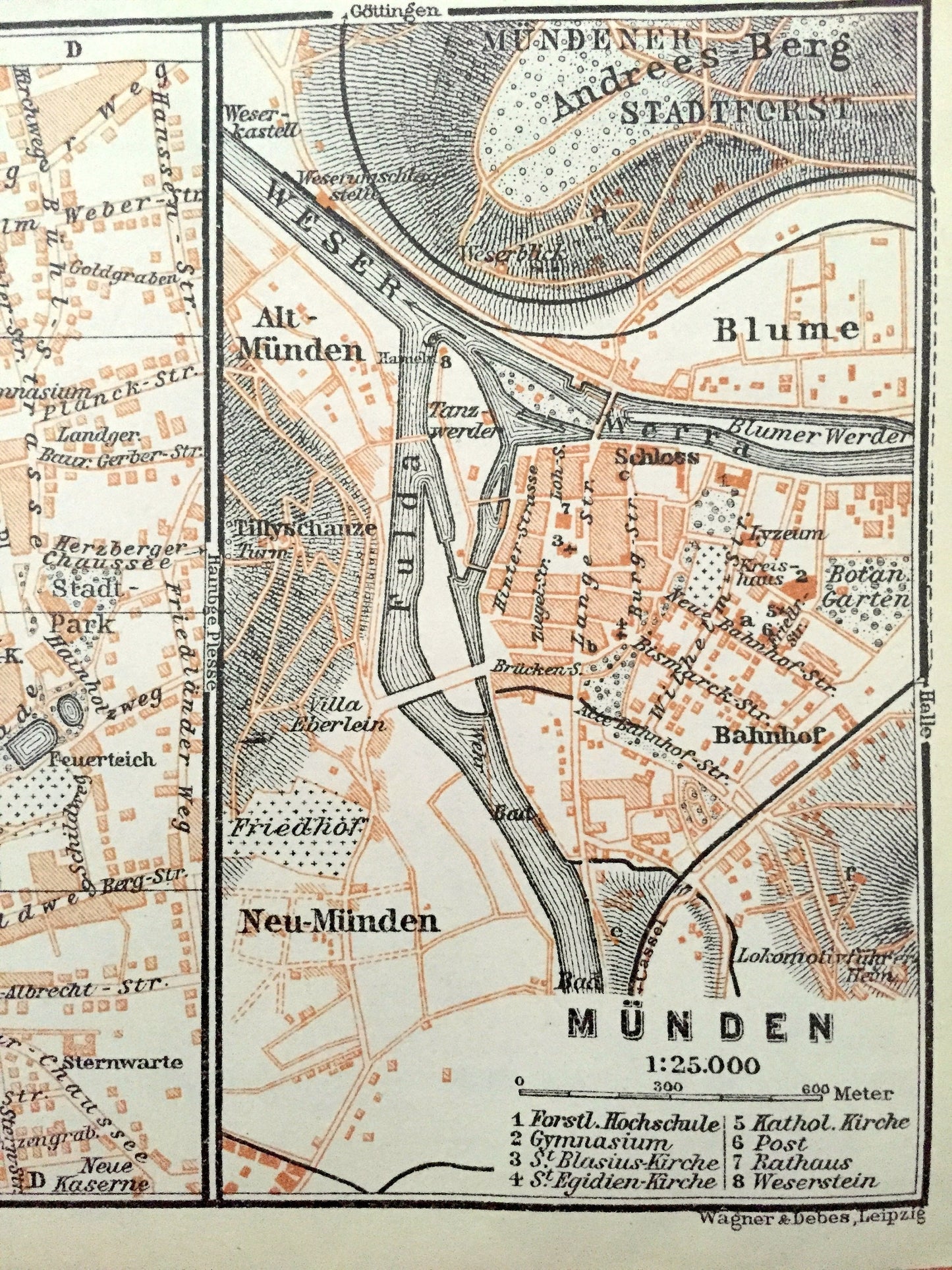 Antique 1925 Gottingen and Munden, Germany Map from Baedekers Guide Atlas – Blume, Andrees Berg, Mundener, Weser River, Fulda River, Park