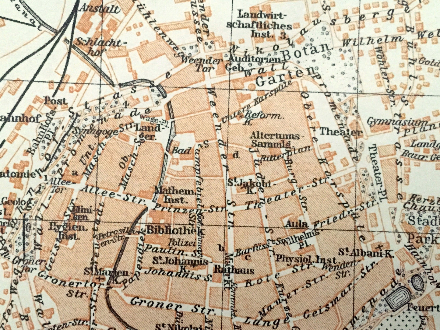 Antique 1925 Gottingen and Munden, Germany Map from Baedekers Guide Atlas – Blume, Andrees Berg, Mundener, Weser River, Fulda River, Park